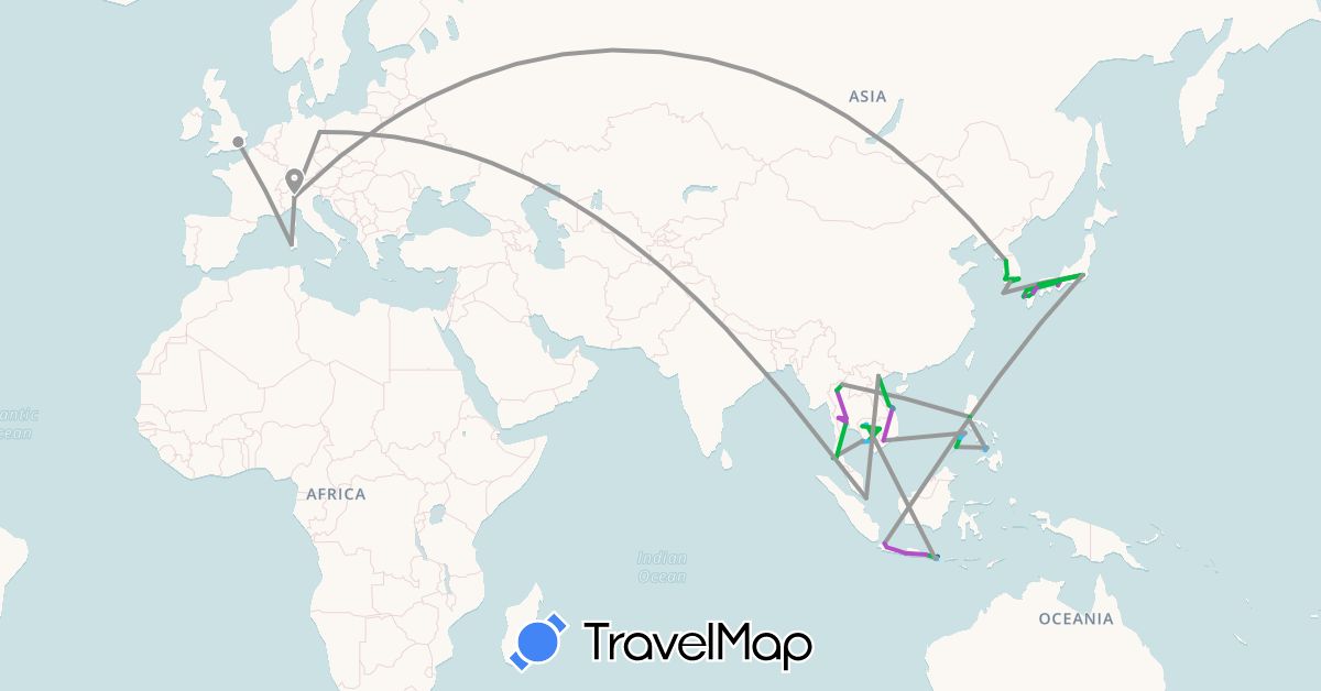 TravelMap itinerary: driving, bus, plane, cycling, train, boat, motorbike in Germany, United Kingdom, Indonesia, Italy, Japan, Cambodia, South Korea, Philippines, Singapore, Thailand, Vietnam (Asia, Europe)